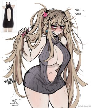 1girl @_@ absurdres bite_mark bite_mark_on_thigh blonde_hair blush breasts cleavage commentary cowboy_shot dokidomiki english_commentary female_pubic_hair fingernails grey_sweater hair_between_eyes hair_ornament highres holding holding_own_hair large_breasts long_hair looking_at_viewer messy_hair miki_(dokidomiki) nail_polish navel open_mouth original photo_inset pink_eyes pink_nails pubic_hair reference_inset simple_background sleeveless sleeveless_sweater solo star_(symbol) star_hair_ornament sweat sweater white_background