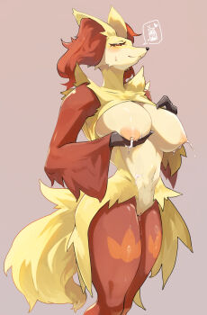 1girl breasts clitoris curvy delphox dripping female_focus fox furry furry_female gen_6_pokemon grabbing_own_breast heart highres lactation large_breasts milk_drip multicolored_fur narrowed_eyes navel nintendo nipples pokemon pokemon_(creature) pussy pussy_juice red_fur sig_(cgu0906) simple_background solo tagme tail white_fur yellow_fur