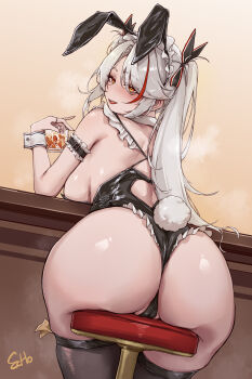 1girl absurdres animal_ears arm_strap ass azur_lane black_thighhighs blush breasts e.c.ho fake_animal_ears fake_tail from_behind grey_hair highres huge_ass large_breasts long_hair looking_at_viewer looking_back multicolored_hair official_alternate_costume prinz_eugen_(azur_lane) prinz_eugen_(between_tipsiness_and_a_wager)_(azur_lane) rabbit_ears rabbit_tail red_hair simple_background sitting skindentation smile solo streaked_hair tail thighhighs wrist_cuffs yellow_background