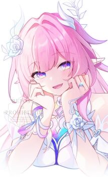 1girl bare_shoulders breasts commentary cyrene_(honkai:_star_rail) cyrene_(ripples_of_past_reverie)_(honkai:_star_rail) diamond-shaped_pupils diamond_(shape) dress flower hair_flower hair_intakes hair_ornament halo honkai:_star_rail honkai_(series) jewelry large_breasts long_hair open_mouth pink_hair pointy_ears purple_eyes ring shirase_(shirose) simple_background solo symbol-only_commentary symbol-shaped_pupils very_long_hair wedding_ring white_background white_dress