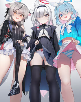 3girls :d :o absurdres animal_ear_fluff aqua_halo arona_(blue_archive) black_choker black_coat black_dress black_eyes black_pantyhose black_sailor_collar black_serafuku black_skirt blue_archive blue_serafuku blunt_bangs bm_(bm364364) bow bow_panties braid cameltoe china_dress chinese_clothes choker clothes_pull coat colored_inner_hair commentary_request cowboy_shot dress embarrassed frilled_skirt frills from_below gradient_background grey_hair hair_between_eyes hair_bow hair_over_one_eye hair_ribbon halo highres kokona_(blue_archive) long_hair long_sleeves looking_at_viewer looking_down low_twintails multicolored_hair multiple_girls neckerchief open_clothes open_coat open_mouth orange_eyes panties pantyhose pantyhose_pull parted_bangs pelvic_curtain plana_(blue_archive) pleated_skirt red_halo ribbon sailor_collar school_uniform serafuku short_hair sidelocks simple_background single_braid skirt sleeveless sleeveless_dress smile standing streaked_hair striped_clothes striped_panties twintails two-tone_background two-tone_hair underwear white_background white_hair white_neckerchief white_panties white_sailor_collar white_skirt