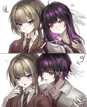 Rule 34 | 1boy, 2girls, absurdres, black hair, blue eyes, blush, brown hair, cardigan, closed mouth, collared shirt, columbina (genshin impact), commentary request, empty eyes, genderswap, genderswap (ftm), genshin impact, hair ribbon, head wings, heart, highres, korean commentary, looking at another, multicolored hair, multiple girls, necktie, open mouth, partially unbuttoned, pink eyes, pink hair, red cardigan, red necktie, ribbon, sandrone (genshin impact), school uniform, shirt, smile, talking ok, two-tone hair, updo, white background, white shirt, wings