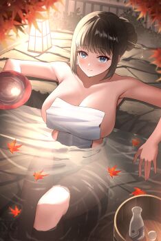 1girl alcohol arm_rest armpits blush breasts brown_hair bucket choko_(cup) collarbone commentary covering_privates cup eiryu33 hair_bun hair_ornament hair_stick highres knee_up lantern large_breasts leaf leaf_on_liquid light_smile maple_leaf nude_cover onsen original partially_submerged sakazuki sake sidelocks single_hair_bun solo tokkuri wooden_bucket