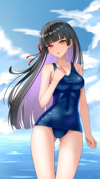 1girl absurdres black_hair blue_one-piece_swimsuit blue_sky blunt_bangs breasts chisa_(wuthering_waves) cloud colored_inner_hair dongyun_hua feet_out_of_frame gluteal_fold hair_ribbon highres long_hair looking_at_viewer medium_breasts multicolored_hair old_school_swimsuit one-piece_swimsuit purple_hair red_eyes ribbon school_swimsuit sky solo swimsuit thigh_gap two-tone_hair water wuthering_waves