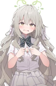 1girl absurdres blue_archive blush bow bowtie bra bra_peek braid breasts button_gap choppy_bangs cleavage collared_shirt commentary diagonal-striped_bow diagonal-striped_bowtie diagonal-striped_clothes flower_halo green_bow green_bowtie green_bra green_halo grey_hair grey_skirt hair_bow hair_ribbon halo hands_up highres long_hair looking_at_viewer medium_breasts miyo_(blue_archive) plaid_clothes plaid_skirt pleated_skirt raised_inner_eyebrows ribbon ribbon_braid school_uniform shirt short_sleeves simple_background skirt small_sweatdrop solo sonoji striped_bow striped_bowtie striped_clothes underwear upper_body white_background white_bow white_shirt yellow_eyes