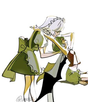 2girls apron bat_wings camisole commentary_request dee_(tannsumi) dress frilled_apron frills green_apron green_camisole green_dress green_shorts hair_between_eyes highres indian_style izayoi_sakuya looking_at_another maid_headdress multiple_girls puffy_short_sleeves puffy_sleeves purple_hair remilia_scarlet shirt short_hair short_sleeves shorts simple_background sitting sleeveless sleeveless_dress touhou twitter_username waist_ribbon white_background white_hair white_shirt wings