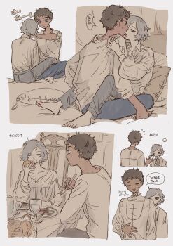 2boys bags_under_eyes bandaged_neck bandages black_eyes black_hair blood blood_on_face blue_eyes blush closed_eyes cup curly_hair dark-skinned_male dark_skin dungeon_meshi eating elf food grey_hair highres holding holding_food kabru licking licking_another&#039;s_face long_sleeves male_focus mithrun multiple_boys notched_ear on_bed one_eye_closed pants pillow pointy_ears shirt short_hair sitting speech_bubble straddling sweatdrop table thought_bubble upright_straddle uta1416631 vampire vampire_bite white_shirt yaoi