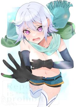 1girl aqua_scarf bike_shorts bike_shorts_under_shorts black_gloves blush breasts capelet chris_(konosuba) cleavage clothes_theft commentary_request covering_breasts covering_privates detached_sleeves facial_scar gloves green_capelet kinako_(mzknk0) kono_subarashii_sekai_ni_shukufuku_wo! long_scarf navel no_bra purple_eyes reaching reaching_towards_viewer running scar scar_on_cheek scar_on_face scarf short_hair shorts shorts_under_shorts small_breasts solo standing standing_on_one_leg theft underwear underwear_theft white_hair