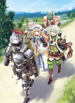 2girls 3boys :d armor arrow_(projectile) backpack bag black_gloves blonde_hair blue_eyes boots bow_(weapon) brown_cape brown_shorts buckler cape closed_mouth cover_image day dress dwarf dwarf_shaman_(goblin_slayer!) elf full_body furry furry_male gauntlets gloves goblin_slayer goblin_slayer! greaves green_eyes green_hair hand_up hat helmet high_elf_archer_(goblin_slayer!) highres holding holding_staff kannatsuki_noboru lizard_priest_(goblin_slayer!) lizardman long_hair long_sleeves multiple_boys multiple_girls novel_illustration official_art open_mouth outdoors plume pointy_ears ponytail priestess_(goblin_slayer!) quiver second-party_source shadow sheath sheathed shield shorts silver_hair smile staff textless_version thigh_boots thighhighs walking weapon white_headwear