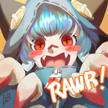 Rule 34 | 1girl, absurdres, blush stickers, commentary request, cosplay, cross-shaped pupils, fangs, gachiakuta, grey hair, guita hebby fantasia, highres, kigurumi, korean commentary, lb (lv b2), looking at viewer, open mouth, red eyes, smile, solo, symbol-shaped pupils
