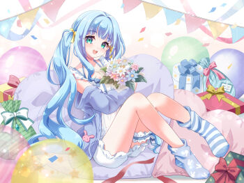 Rule 34 | 1girl, balloon, blue cardigan, blue flower, blue hair, bouquet, bow, box, cardigan, cardigan partially removed, chemise, collarbone, commentary, confetti, english commentary, flower, frilled shorts, frilled thigh strap, frills, gift, gift bag, gift box, green eyes, hair bow, highres, holding, holding bouquet, indie virtual youtuber, kimino kokoro, long hair, mismatched socks, multiple hair bows, open mouth, pink flower, print socks, purple flower, see-through chemise, see-through clothes, shorts, sidelocks, sitting, socks, solo, streamers, striped clothes, striped socks, thigh strap, twintails, virtual youtuber, watermark, watermark grid, white chemise, white flower, white shorts, yellow bow, yui mirano