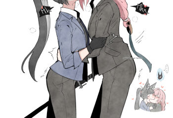 2girls animal_ears black_gloves black_jacket commentary dailymiyanagi english_commentary formal_clothes fox_ears fox_girl gloves hoshimi_miyabi jacket katana kiss long_hair meme multiple_girls pink_hair ponytail simple_background speech_bubble suit sword tailless_(zenless_zone_zero) tsukishiro_yanagi weapon white_background yoshi_and_toad_kissing_(meme) yuri zenless_zone_zero