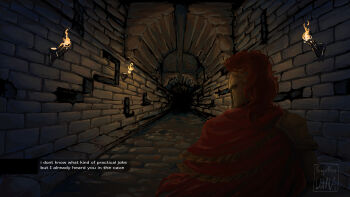 1other ambiguous_gender armor capelet d3rlord3 english_text forgotten_luna from_behind galea_helmet glowing highres other_focus red_capelet searching_for_a_world_that_doesn't_exist tunnel upper_body wall_lamp