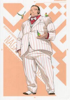 1boy absurdres animal bird black_hair bow bowtie character_name closed_eyes collared_shirt dress_shirt facial_hair fat fat_man formal_clothes fukuda_tomonori full_body game_cg grey_vest hand_hair highres holding holding_animal holding_bird jacket looking_at_viewer male_focus mature_male nagafukada_sumio non-web_source official_art pants parrot pink_trim polka_dot polka_dot_bow polka_dot_bowtie red_shirt robotics;notes science_adventure shirt shoes short_hair sideburns smile solo standing striped_clothes suit vertical-striped_clothes vest white_shoes