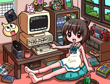 1girl :d alarm_clock animal_ears blue_bow blue_bowtie bookshelf boombox bow bowtie clock collar collared_dress commentary_request computer computer_keyboard crt cup cushion dot_nose dress drink drinking_straw famicom floppy_disk flower game_console indoors magazine_(object) monitor mug nec_pc-8801 nomi_yasuharu open_mouth original plant potted_plant red_eyes sailor_collar sleeveless sleeveless_dress smile socks solo tareme white_collar window