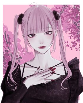 1girl absurdres black_dress black_scrunchie border closed_mouth collarbone commentary criss-cross_straps dress eyelashes eyeliner eyeshadow fingernails floral_background grey_eyes hair_ornament hair_over_one_eye hair_scrunchie hand_on_own_chest heart highres jirai_kei lace lace-trimmed_dress lace_dress lace_trim lips long_fingernails long_hair long_sleeves looking_at_viewer makeup nail_polish original outside_border pink_background pink_eyeshadow pink_hair red_nails scrunchie smile solo symbol-only_commentary twintails twitter_username upper_body white_border yu.ta.