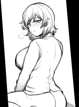 Rule 34 | 1girl, ass, blush, bottomless, breasts, commentary request, feet out of frame, from behind, greyscale, kazami yuuka, large breasts, long sleeves, looking at viewer, looking back, monochrome, nose blush, open mouth, sadahiro (chicken nugget gyuuniku aji), shirt, short hair, simple background, sketch, solo, touhou