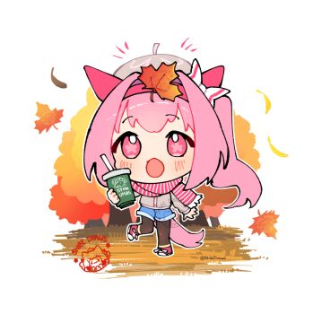 1girl alternate_costume animal_ears autumn_leaves beret black_pantyhose blue_shorts blush bow brand_name_imitation chibi commentary_request cup denim denim_shorts disposable_coffee_cup disposable_cup ear_bow ear_covers flower-shaped_pupils flower_in_eye grass hairband haru_urara_(umamusume) hat headband holding holding_cup horse_ears horse_girl horse_tail leaf long_hair long_sleeves looking_at_viewer open_mouth outdoors pantyhose pantyhose_under_shorts pink_eyes pink_hair pink_headband pink_scarf ponytail red_headband scarf shibedraws shoes shorts solo starbucks striped_clothes striped_scarf sweater symbol-shaped_pupils symbol_in_eye tail tree umamusume white_scarf