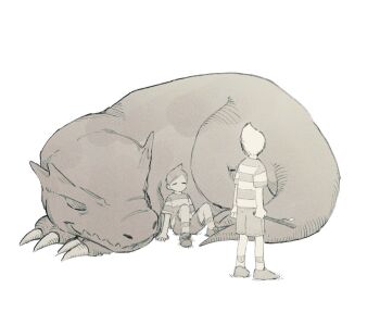 Rule 34 | 2boys, animal, bac0n pancakes, bad id, bad pixiv id, brothers, claus (mother 3), closed eyes, commentary request, dinosaur, full body, greyscale, holding, holding stick, knees up, leaning on animal, lucas (mother 3), male focus, monochrome, mother (series), mother 3, multiple boys, nintendo, shirt, shoes, short hair, short sleeves, shorts, siblings, simple background, sitting, standing, stick, white background