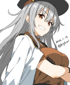 1girl absurdres bigkwl black_hat breasts brown_eyes brown_shirt collared_shirt commentary dated dated_commentary gangut_(kancolle) grey_hair grin hat highres jacket kantai_collection large_breasts long_hair looking_at_viewer one-hour_drawing_challenge open_clothes open_jacket shirt short_sleeves simple_background smile solo twitter_username upper_body white_background white_jacket