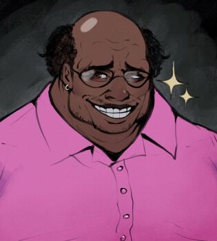 1boy artist_self-insert balding balding beard_stubble black-framed_eyewear black_hair brown_eyes collared_shirt commentary dark-skinned_male dark_skin earrings english_commentary evil_grin evil_smile facial_hair fat fat_man glasses grey_background grin highres jewelry male_focus mustache nyantcha pink_shirt real_life shirt smile solo sparkle stubble teeth thick_eyebrows very_dark_skin wrinkled_skin