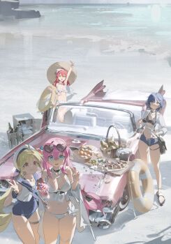 4girls ahoge alternate_costume arm_up bad_tag bag beach bikini bikini_under_clothes black_bikini black_choker blue_eyes blue_hair blue_one-piece_swimsuit blue_sailor_collar bocchi_the_rock! breasts car champagne_flute choker closed_mouth commentary convertible covered_navel cropped_shirt cup day denim denim_shorts drinking_glass eyewear_on_head food glass gotoh_hitori green_hair grin hair_between_eyes hat heart heart-shaped_eyewear highres holding holding_cup holding_removed_eyewear holding_swim_ring horizon ijichi_nijika innertube jewelry kessoku_band kita_ikuyo large_breasts long_bangs long_hair long_sleeves looking_at_viewer micro_shorts motor_vehicle multiple_girls navel necklace ocean one-piece_swimsuit open_clothes open_mouth open_shirt outdoors parfait pearl_necklace picnic_basket pink_car pink_hair plate ponytail red_hair sailor_collar sandals shirt short_hair shorts shoulder_bag smile standing stomach sun_hat sunglasses swim_ring swimsuit thigh_strap tied_shirt ubisoftnmsl unworn_eyewear v very_long_hair white_bikini white_shirt yamada_ryo yellow_eyes