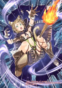 1girl animal_ears armpits braid breasts brown_hair brown_shoes brown_shorts brown_tail cat_ears cat_girl cat_tail cloak copyright_notice feuille_(z/x) green_eyes green_shirt kamijororo medium_breasts navel official_art purple_cloak shirt shoes short_hair shorts solo sparkle tail tears torch z/x