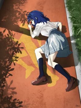 Rule 34 | 1girl, black socks, blue hair, brown shoes, commentary request, day, full body, grey skirt, highres, imitating, loafers, looking at viewer, looking to the side, lying, make heroine ga oo sugiru!, medium hair, on side, outdoors, path, pleated skirt, road, school uniform, shadow, shirt, shoes, short sleeves, sideways glance, skirt, socks, user trsh4774, white shirt, yanami anna