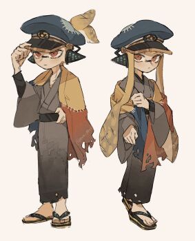1boy 1girl adapted_costume agent_3_(splatoon) artist_name behind-the-head_headphones black_footwear blonde_hair blue_hat closed_mouth commentary full_body grey_kimono hand_on_headwear hat headphones highres inkling japanese_clothes kimono long_hair long_sleeves nintendo obi obiage orange_eyes p0m4_p0m4 patchwork_clothes peaked_cap sandals sash simple_background splatoon_(series) splatoon_3 standing symbol-only_commentary tentacle_hair topknot torn_clothes torn_kimono twintails watermark white_background wide_sleeves