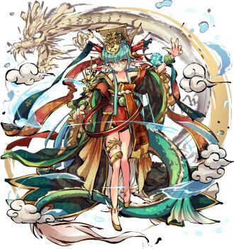 1girl arm_up bangle bare_shoulders bracelet breasts chinese_clothes closed_mouth collarbone dragon_girl dragon_tail dress full_body green_hair hair_between_eyes hanfu hat himegami_kagura jewelry large_breasts lightning long_hair long_sidelocks looking_at_viewer ms06s obi off-shoulder_dress off_shoulder official_art open_hand sash second-party_source short_dress sidelocks simple_background small_breasts smile solo standing tachi-e tail thighs toukairyuou_(himegami_kagura) very_long_hair white_background yellow_eyes yellow_hat