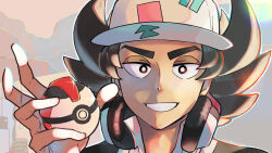 Rule 34 | 1boy, bright pupils, collared shirt, commentary request, creatures (company), game freak, giacomo (pokemon), grin, hand up, happy, hat, headphones, highres, holding, holding poke ball, jacket, looking at viewer, male focus, nintendo, nyoripoke, pointy hair, poke ball, pokemon, pokemon sv, portrait, shirt, smile, solo, sparkle, teeth, timer ball, white hat, white pupils, white shirt