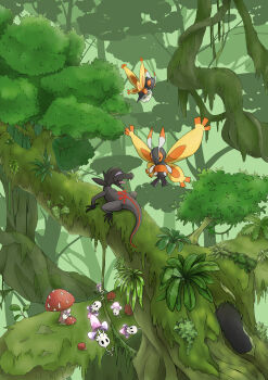 Rule 34 | absurdres, antennae, bug, commentary request, egg, fern, flying, full body, gen 4 pokemon, gen 7 pokemon, highres, holding, holding egg, ivy, jungle, leaf, lizard, morelull, moss, mothim, mushroom, nature, nintendo, no humans, open mouth, outdoors, plant, pokemon, pokemon (creature), pokemon egg, pokemon focus, q-chan, salandit, solid oval eyes, tongue, tree, tree hollow, vines