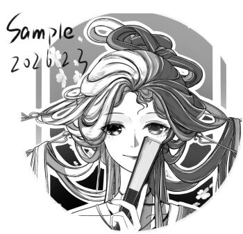 1girl bingtang_ban_shizi black_background border bow-shaped_hair cherry_blossoms chinese_clothes chinese_commentary chinese_hairpin closed_mouth commentary_request dated detached_collar eyelashes eyeshadow facial_tattoo fingernails folded_fan folding_fan gradient_background grey_background greyscale hair_flowing_over hair_ornament hair_rings hairpin half_updo hand_fan hanfu happy holding holding_fan infinity_nikki lipstick long_hair long_sidelocks makeup mandarin_collar monochrome multicolored_hair multiple_hairpins nikki_(series) outline petals round_border sample_watermark sidelocks smile solo split-color_hair straight-on tattoo two-tone_background two-tone_hair upper_body very_long_hair watermark where_wanxiang_weaves_life_(infinity_nikki) white_border