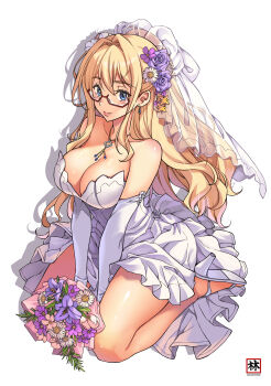 1girl absurdres blonde_hair blue_eyes bouquet breasts bridal_veil cleavage double-parted_bangs dress flower freezing_(series) hair_between_eyes high_heels highres holding holding_bouquet kneeling kuji-in long_hair looking_at_viewer moonzero_(cdggam) satellizer_el_bridget simple_background smile solo veil wedding_dress white_background white_dress