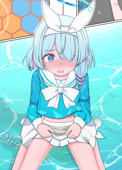 1girl absurdres arona_(blue_archive) blue_archive blue_eyes blue_hair blue_shirt blush braid commentary_request hairband halo highres lmc_(lmcgarage) loli long_sleeves multicolored_hair nose_blush open_mouth panties peeing peeing_self pink_hair pleated_skirt sailor_collar school_uniform shirt sitting skirt striped_clothes striped_panties tears underwear wet white_hairband white_sailor_collar white_skirt