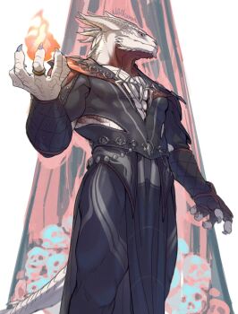 1boy artist_name baldur&#039;s_gate baldur&#039;s_gate_3 black_gloves black_nails black_shirt bracer clothing_cutout dragon_boy dragon_horns dragon_tail dungeons_&amp;_dragons dungeons_&amp;_dragons feet_out_of_frame fingerless_gloves fingernails fire from_below furry furry_male gloves hand_up highres hip_vent horns jewelry looking_at_viewer male_focus meganemido muscular muscular_male pectoral_cleavage pectorals pelvic_curtain pile_of_skulls plunging_neckline pyrokinesis red_eyes ring scales sharp_fingernails shirt signature single_glove skull solo standing tail the_dark_urge_(baldur&#039;s_gate)