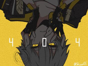 1boy 404 arm_ribbon artist_name black_coat black_gloves caelus_(honkai:_star_rail) coat collarbone commentary english_commentary fingerless_gloves gloves grey_hair hair_between_eyes hands_on_own_face hands_up honkai:_star_rail honkai_(series) hood hooded_coat http_status_code lapels looking_at_viewer male_focus open_clothes open_coat ribbon shirt short_hair shzur55 simple_background solo sweatdrop t-shirt teeth trailblazer_(honkai:_star_rail) two-sided_coat two-sided_fabric upper_body upside-down watermark white_shirt yellow_background yellow_coat yellow_eyes