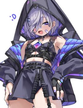 Rule 34 | 1girl, :d, bandaid, bandaid on cheek, bandaid on face, bandaid on nose, black gloves, black jacket, black shirt, black skirt, breasts, chest jewel, fingerless gloves, gloves, grey hair, gurumie, hair ornament, hair over one eye, hairpin, hand on own hip, highres, hololive, hololive english, jacket, koseki bijou, koseki bijou (casual), looking at viewer, medium hair, nail polish, official alternate costume, open mouth, purple eyes, purple hair, purple nails, shirt, skirt, small breasts, smile, solo, virtual youtuber