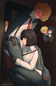 1boy 1girl after_ejaculation after_fellatio artist_name belt black_gloves black_hair black_jacket blonde_hair blush bob_cut chibi cigarette collared_shirt commentary commission drooling english_commentary english_text fellatio gloves hetero highres jacket jacket_on_shoulders leoderorero licking licking_penis limbus_company long_sleeves looking_at_penis necktie open_fly open_mouth oral pants penis project_moon red_eyes red_necktie ringed_eyes ryoshu_(project_moon) saliva saliva_trail shirt short_hair sinclair_(project_moon) smile smoking steaming_body suspenders tongue tongue_out uncensored veins veiny_penis white_shirt yellow_eyes