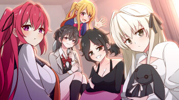 5girls :/ arms_under_breasts ashley_graves bent_over black_socks blonde_hair bra_strap breasts cleavage cleavage_cutout clothing_cutout commentary crossover curtains english_commentary grey_jacket grin hair_ribbon highres hoshino_ruby jacket kasugano_sora kneehighs large_breasts long_hair multiple_crossover multiple_girls naruse_mio one_side_up open_mouth oshi_no_ko ponytail pout ribbon school_uniform serafuku shinmai_maou_no_testament sister_connection sitting smile snkagawa socks star-shaped_pupils star_(symbol) stuffed_animal stuffed_rabbit stuffed_toy suou_yuki symbol-shaped_pupils the_coffin_of_andy_and_leyley tokidoki_bosotto_roshia-go_de_dereru_tonari_no_alya-san trait_connection waving yosuga_no_sora youtou_high_school_uniform