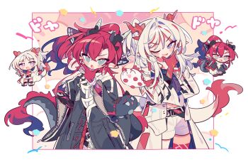 1boy 1girl :o arknights bead_bracelet beads black_coat blue_eyes blue_hair blush_stickers border bracelet brother_and_sister chibi chibi_inset coat colored_extremities colored_skin colored_tips commentary_request cowboy_shot dragon_boy dragon_bubble_(arknights) dragon_girl dragon_horns dragon_tail green_eyes hand_on_own_chin horns jewelry long_hair long_sleeves looking_at_viewer multicolored_hair nian_(arknights) one_eye_closed pink_background pointy_ears ponytail red_hair red_skin shorts siblings simple_background smile streaked_hair stroking_own_chin tail thinking v-shaped_eyebrows white_background white_coat white_hair white_shorts wide_sleeves ym_dpl yu_(arknights)