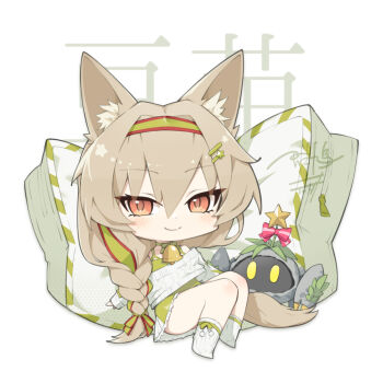 1girl animal_ear_fluff arknights beanstalk_(arknights) beanstalk_(gift_uncompleted)_(arknights) bell braid chibi chibi_only commentary_request dress green_dress green_hairband green_ribbon hair_between_eyes hair_ornament hairband hyena_ears hyena_girl hyena_tail long_hair looking_at_viewer murabatodenki orange_eyes peacock_(skullgirls) ribbon socks star_(symbol) star_hair_ornament sweater white_socks white_sweater