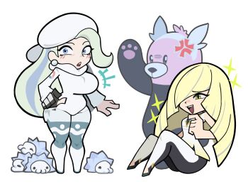 2girls anger_vein bewear blonde_hair blue_eyes blush boots breasts chafa chibi dress earrings gen_7_pokemon gen_8_pokemon green_eyes hat huge_breasts jewelry leggings leggings_under_shorts lusamine_(pokemon) melony_(pokemon) multiple_girls nintendo one_eye_covered pokemon pokemon_(anime) pokemon_sword_and_shield pokemon_the_series:_sun_&amp;_moon short_shorts shorts smile snom sweater ushanka white_hair wide_hips winter_clothes