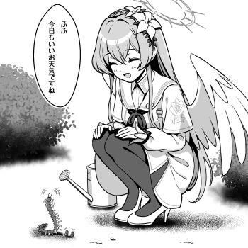 1girl blue_archive bug centipede closed_eyes commentary_request dress flower gesupi_(provlemsolver57) greyscale hair_flower hair_ornament halo high_heels highres long_hair long_sleeves monochrome nagisa_(blue_archive) neckerchief open_mouth pantyhose shoes smile solo speech_bubble squatting translation_request wings