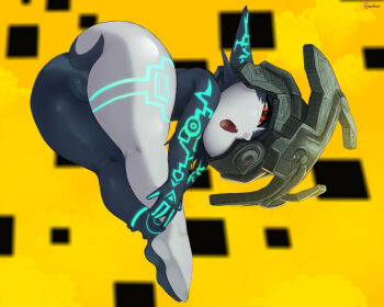 1girl anus ass bent_over cloud colored_sclera cranihum fang from_behind from_below full_body helmet huge_ass kneepits looking_at_viewer midna multicolored_skin nintendo one_eye_covered open_mouth pointy_ears pussy red_eyes sky solo the_legend_of_zelda tongue two-tone_skin uncensored yellow_sclera yellow_sky