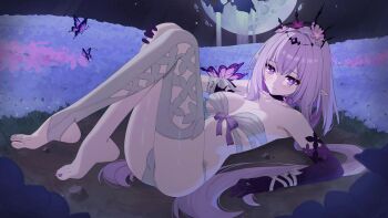 1girl absurdres bandaged_chest barefoot black_tiara breasts bug butterfly castorice_(honkai:_star_rail) commentary crescent_moon feet field flower flower_field hair_flower hair_ornament highres honkai:_star_rail honkai_(series) insect long_hair medium_breasts moon night panties pointy_ears purple_eyes purple_hair single_bare_foot single_thighhigh sky solo stirrup_legwear thighhighs tiara toeless_legwear toes underwear very_long_hair white_panties white_thighhighs x_xith_x