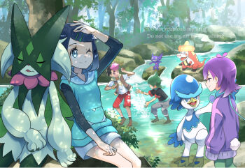 2boys 2girls ;) black_hair black_jacket black_shirt blue_eyes brown_vest closed_mouth commentary_request crocalor day dot_(pokemon) gen_3_pokemon green_pants grey_pants jacket liko_(pokemon) meowscarada morisawa_machi multiple_boys multiple_girls nintendo one_eye_closed open_clothes open_vest outdoors pants pokemon pokemon_(anime) pokemon_(creature) pokemon_horizons purple_hair purple_jacket quaxwell river roy_(pokemon) sableye shirt short_sleeves shorts sitting smile standing t-shirt uruto_(pokemon) vest water watermark