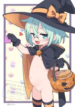 1girl artist_name bar_censor black_cloak black_gloves black_hat blue_eyes blue_hair bow bucket censored cloak condom condom_wrapper cowboy_shot fang flat_chest glasses gloves halloween halloween_bucket hand_up hat hat_bow heart holding holding_bucket holding_condom hood hood_down hooded_cloak jack-o&#039;-lantern loli looking_at_viewer nassukun navel nipples open_mouth orange_bow orange_thighhighs original paid_reward_available pussy rimless_eyewear short_hair signature smug solo striped_clothes striped_thighhighs thighhighs watermark webp-to-png_conversion witch_hat
