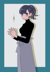 Rule 34 | 1girl, blue eyes, blue hair, blush stickers, drop shadow, hair ornament, hairclip, high-waist pants, long sleeves, looking at viewer, maco22, original, own hands together, pants, ponytail, smile, solo, turtleneck, x hair ornament
