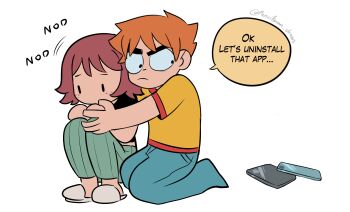 1boy 1girl artist_name blue_pants brown_hair commentary egosearching english_commentary green_pants highres hug kim_pine pants pencilman_draws red_hair scott_pilgrim scott_pilgrim_(series) scott_pilgrim_takes_off short_hair simple_background slippers speech_bubble v-shaped_eyebrows white_background |_|